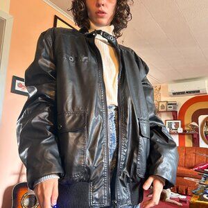 Y2K bomber MOTO shiny black pleather jacket with neck strap!